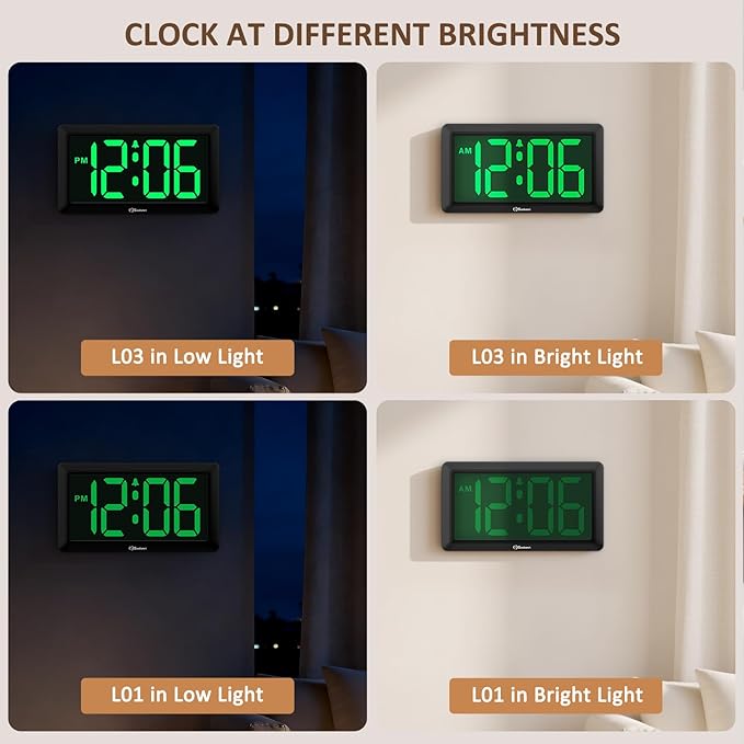 Soobest 9.5 Inch Large Digital Wall Clock Battery Operated, Auto & Manual Dimmer Display, Easy to Read Big Digits with Alarm for Seniors, Modern Decor for Living Room, Bedroom, Office (3.2" Numbers)