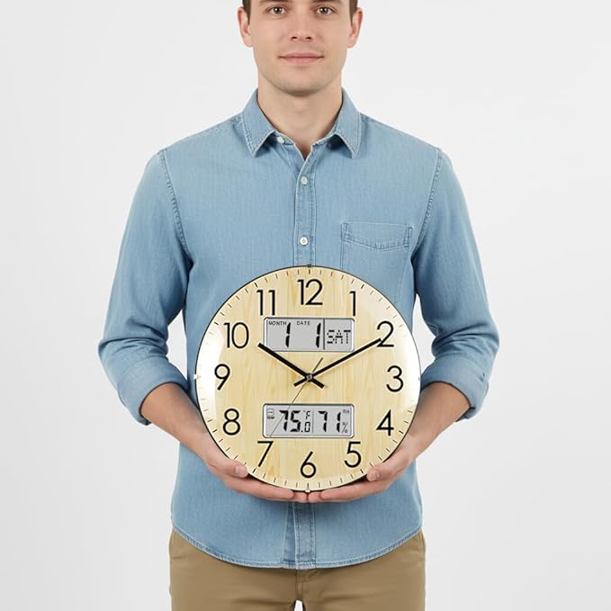 Nbdeal 13-Inch Analog Silent Wall Clock with Calendar Temperature & Humidity (Natural)