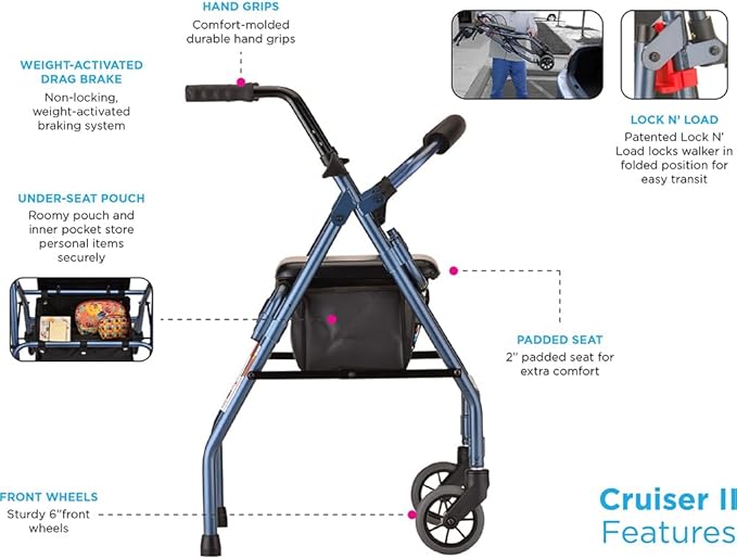 NOVA Cruiser 2 Lightweight Rollator Walker for Beginning Gait Training, 11 lb Foldable Rolling Walker with Seat, Stable Support for Early Mobility
