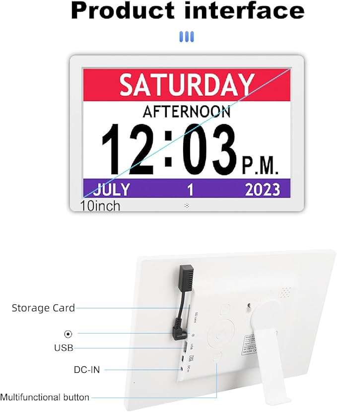 GOTOTOP Alarm Clock Calendar Reminder for Elderly, 10inch LED Display Digital Dementia Clock Desktop Photo Frame with 12 Reminders, Auto Dimming