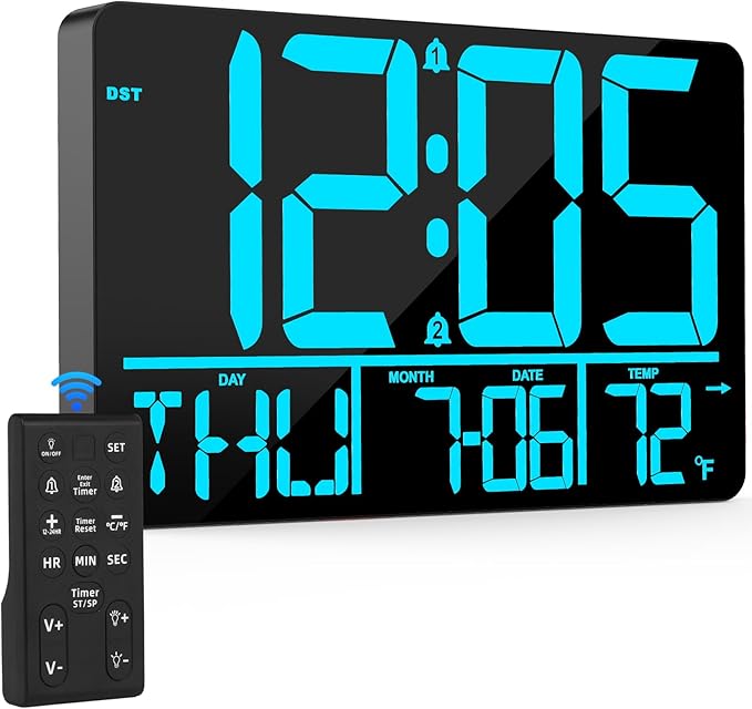PERSUPER 13" Digital Wall Clock Large Display with Remote, 25 Ringtones, Temperature, Calendar, 0-100% Auto or Custom Brightness, 12/24H, DST, Timer, for Living Room, Kitchen, Bedroom, Elderly（Blue）