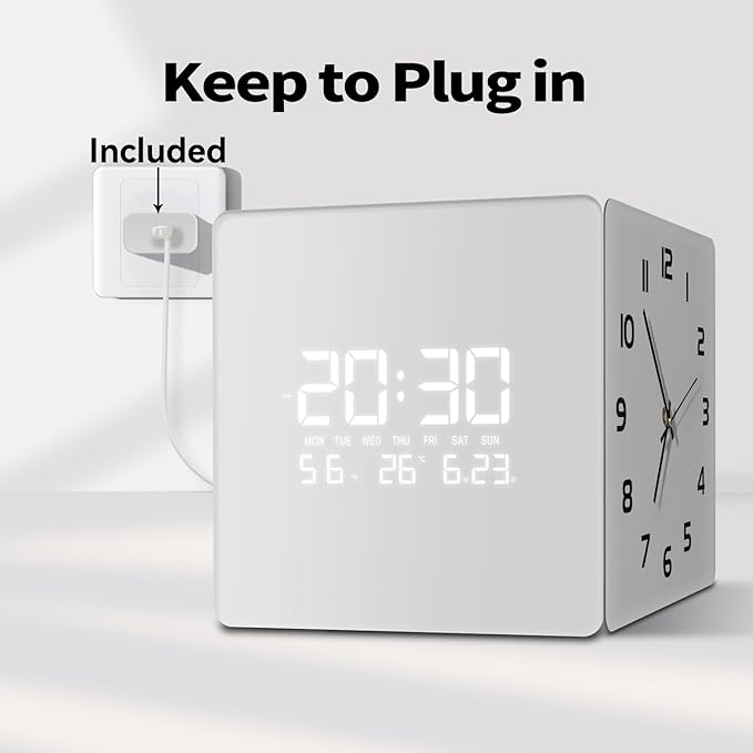 12'' Double Sided 90° Corner Wall Clock, Minimalist White, Radar Motion Activated, Analog & LED Display with Temp Humidity Date Day, Silent Non-Ticking Plug-in for Bedroom Office