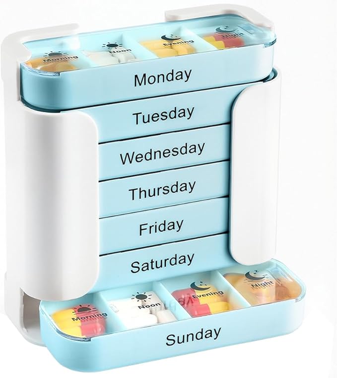 7-Day Medication Organizer - for Effortless Health Management: Stackable Weekly Pill Organizer with 7(Days)×4(Morning/Noon/Evening/Night) Compartments | Travel-Friendly Home Supply (Blue)