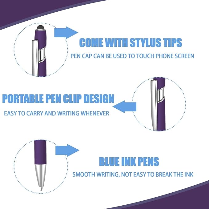 24 Pcs Blue Ink Ballpoint Pen with Stylus Tip 2 in 1 Ballpoint Pen 1.0 mm Blue Ink Metal Stylus Pen for Touch Screens Coworkers, Family, Colleagues, Office (Deep Purple)