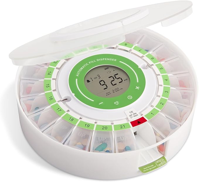 LiveFine Automatic Pill Dispenser 21 Compartments LCD Display Key Lock for Seniors
