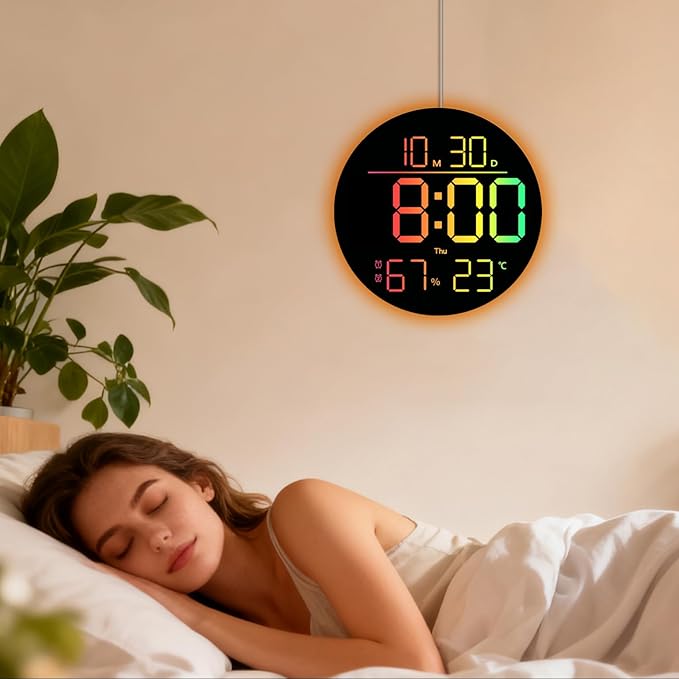 JENLYSTIME 10 Inch LED Digital Wall Clock with RGB Backlight and Countdown Timer｜11 Colors, Dual Alarm, Adjustable Brightness, Temperature & Humidity Display, Modern Silent Clock for Home, Office