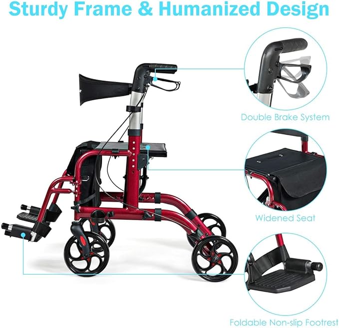 GOPLUS 2 in 1 Rollator Walkers for Seniors, Folding Rollator Walker with Seat, 8-inch Wheel Medical Drive Walker Wheelchair Combo with Backrest, Adjustable Handle for Adults, Aluminium Frame