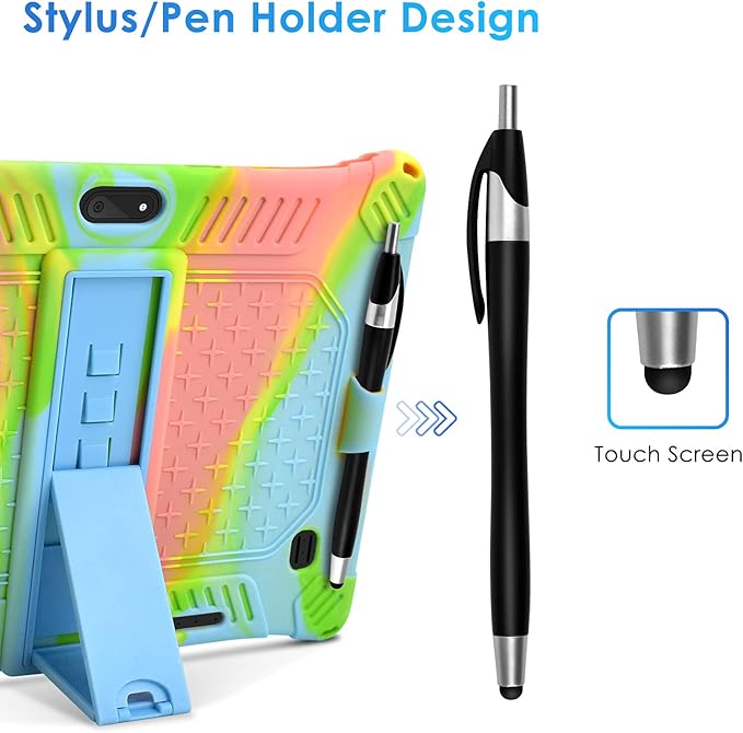 DETUOSI Case for YELLYOUTH 10.1 Tablet, Soft Silicone Lightweight Case Compatible with Dragon Touch Notepad K10, ZONKO 10.1, Beyond Tab 10.1, with Stylus Pen and Shoulder Strap, Orange Pink Blue