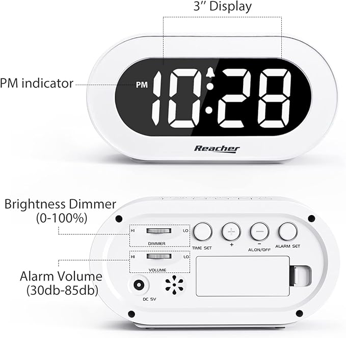 REACHER Small LED Digital Alarm Clock with Snooze, Simple to Operate, Full Range Brightness Dimmer, Adjustable Alarm Volume, Outlet Powered Compact Clock for Bedrooms, Bedside, Desk, Shelf(White)