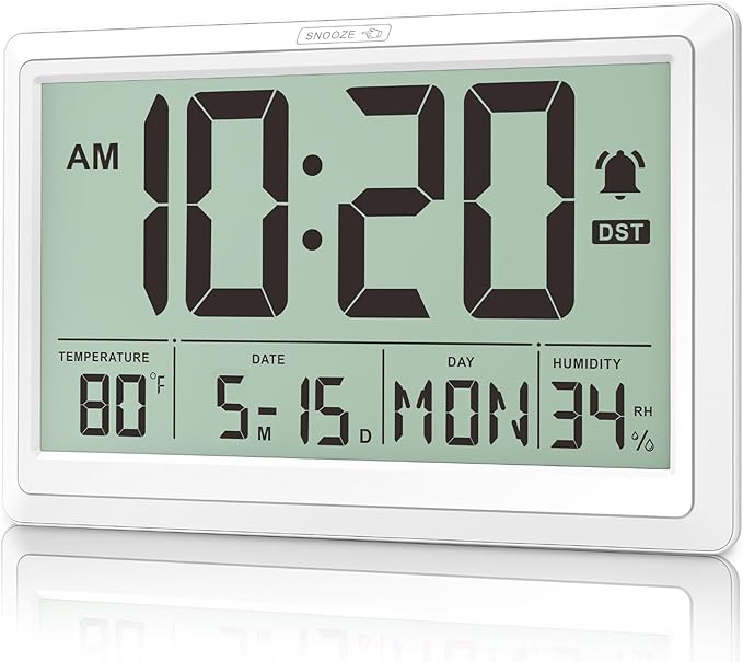 XREXS 10.4 Inch Digital Wall Clock, Battery Operated Large Display Clock, Digital Calendar with Indoor Temperature/Humidity/Date/Day, Auto DST for Classroom, Livingroom, Office(No Backlight)(White)