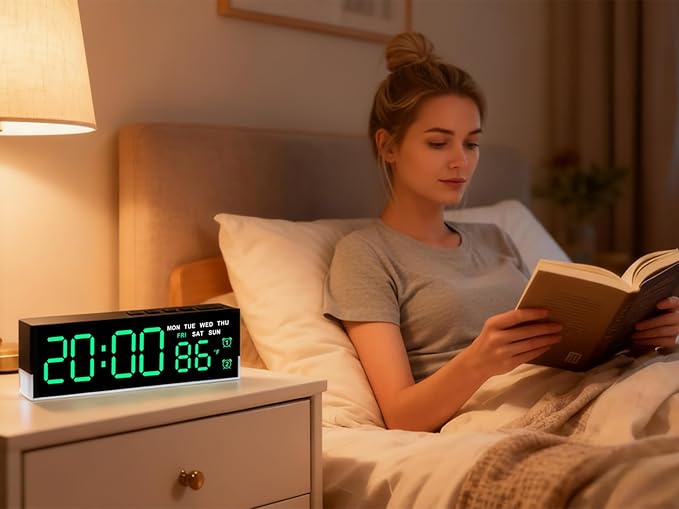 45MinST 7-Inch LED Digital Alarm Clock with Bottom Glow Light｜Displays Time, Date, Day, Temperature｜Dual Alarms, DST, Auto/Manual 3-Level Brightness, Battery or USB Powered Desk Clock,Green