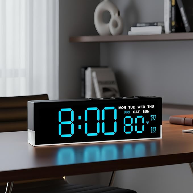 45MinST 7-Inch LED Digital Alarm Clock with Bottom Glow Light｜Displays Time, Date, Day, Temperature｜Dual Alarms, DST, Auto/Manual 3-Level Brightness, Battery or USB Powered Desk Clock,Blue