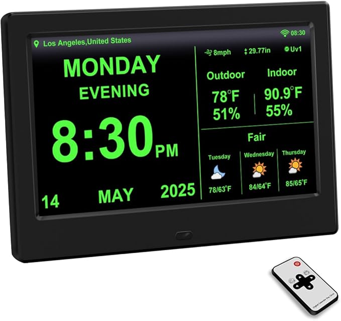 Digtial Calendar Clock with Day and Date Alarm Clock with Weather Temperature Humidify Dementia Alzheimers Elderly Auto Dimmable 8 Alarm Options (Black,7in Weather Clock)