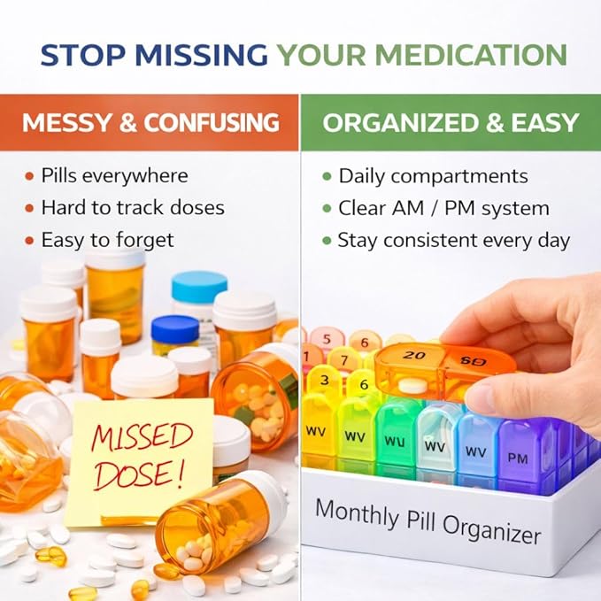 Monthly Pill Organizer Monthly 31 Day AM PM – Pill Sorter Monthly with Large Compartments, 2 Times Pill Container,Monthly Pill Holder for Vitamins, Supplements & Daily Medication