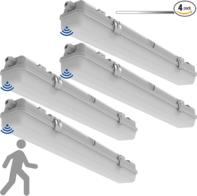 2FT LED Vapor Tight Light, Tri-Level Motion Sensor, IP65 IK08, 10W(1250lm)/20W(2500lm), 5000K, 100-277V, Dimmable, Outdoor Waterproof Shop Light, Vapor Proof Lighting Fixture for Carport, FCC, 4-Pack