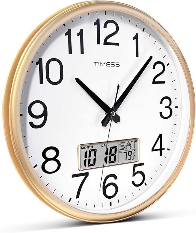 TIMESS Wall Clock, 16 Inch Non-Ticking Silent Battery Operated Quartz Analog with LCD Display for Perpetual Calendar and F° Temperature, Ideal Modern Home, Bedroom, Kitchen, Office Décor (Gold)