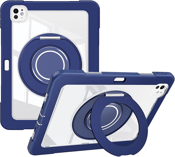 Dteck for iPad Pro 11 inch (M4/M5) 2024/2025 Release Shockproof Clear Case with Stylus Pencil Holder/Rotating Kickstand/Swivel Handle, Lightweight Protective Slim Transparent Tablet Cover, Dark Blue