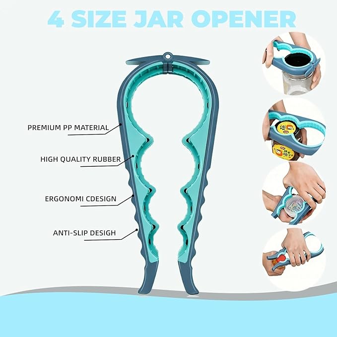 2 Pack Jar Opener for Weak Hands, 4 in 1 Adaptive Jar Lid Opener,5 in 1 Multi Function Bottle Opener Lid Opener For Arthritic Hands with Non Slip Rubber Jar opener Gripper Pad