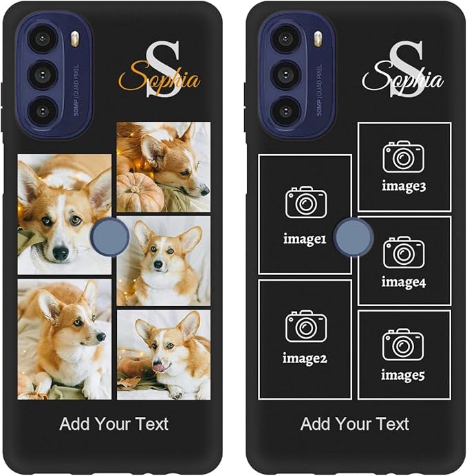 Personalized Picture Case for Motorola Moto G 5G 2022 Customized Name Initials Phone Cover, Custom Multi-Picture Collage Shock-Resistant Soft Protective TPU Case, Gifts for Mother's Day, Black