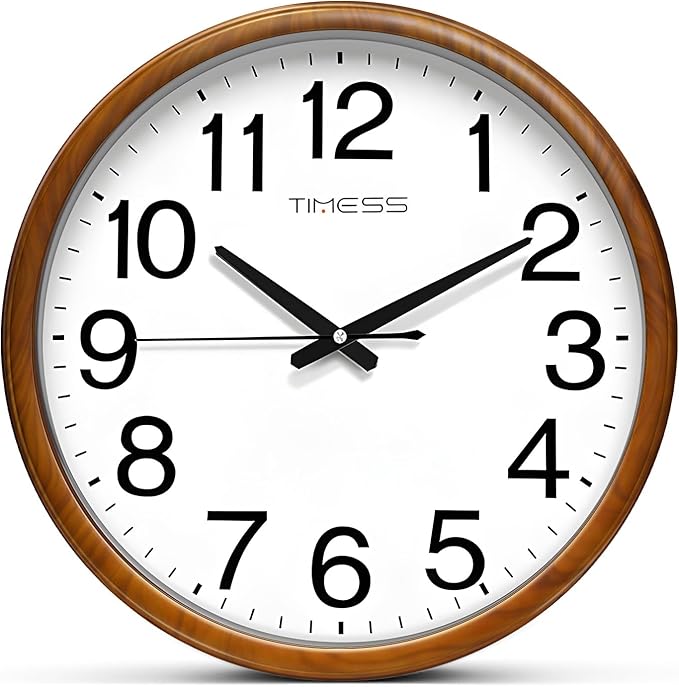TIMESS Wall Clock, Classic Wood Style Finish, 18 Inch Non-Ticking Silent Battery Operated Analog Clock, Ideal Retro Decor for Home, Bedroom, Living Room, Kitchen, Bathroom, Office(Wood Yellow)