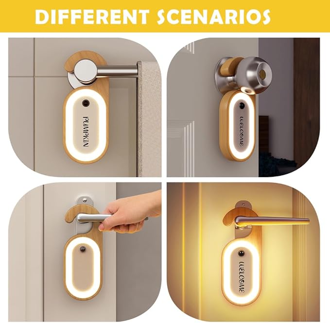 2-Pack Hotel Door Sign Night Light with Motion Sensor, Reusable Message Board Doorknob Lamp, Wooden Finish LED Light for Bedroom Bathroom, Rechargeable Hook Design, Ideal for Multiple Rooms