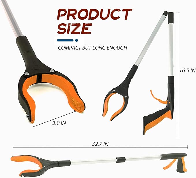 2 Pack Grabber Reacher Tool, 32" Reaching Assist Tool, Foldable Claw Pick Up Stick, Trash Litter Picker, Hand Grabbers, Long Arm Extender(Orange)
