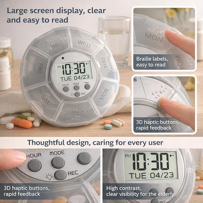 Case with Alarm, Weekly Medicines Setting Up Voice Reminders with Recording Playback Function 7 Day Medication Times Dispenser The Elderly Blind Person
