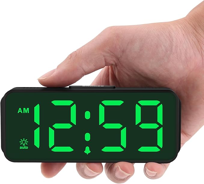 Peakeep Small Battery Powered Digital Alarm Clocks for Bedrooms Bedside, Cordless Tiny Travel Portable Desk Clock, Large Numbers Auto Dimmable, LED Display 4 Dimmers, 5 Alarm Volumes