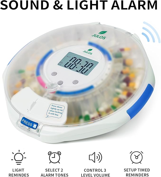 28-Day Automatic Pill Dispenser for Elderly with Alarm, Sound/Light Alerts, Locked Pill Dispenser Machine for Seniors/Dementia, Timed Pill Dispenser Machine for Prescriptions & Vitamins, Frosted Lid