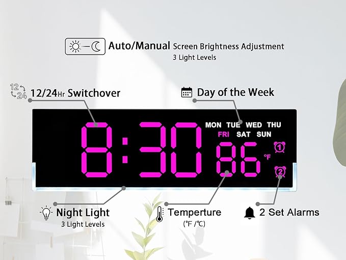 JENLYSTIME 7 Inch LED Digital Alarm Clock with Dual Alarms & Bottom Glow｜Displays Time, Date, Day, Temperature ｜3-Level Auto/Manual Brightness, DST, USB or Battery Powered Modern Desk Clock(Rose Red)