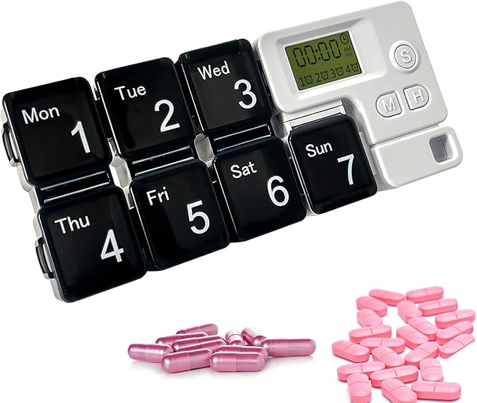 7 Days Pill Dispenser Organizer with Reminder Alarm,Daily Medicine Dispenser,Portable Weekly Pill Box,Travel Vitamins Fish Oils Small Supplements Medicine Box Case (Black)