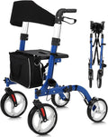 Rollator Walker for Seniors, Lightweight Foldable All Terrain Rolling Walker with seat,12" Rubber Wheels for Smooth Outdoor Use, Compact Folding Design,Height Adjustable 34"-40" for All Users.
