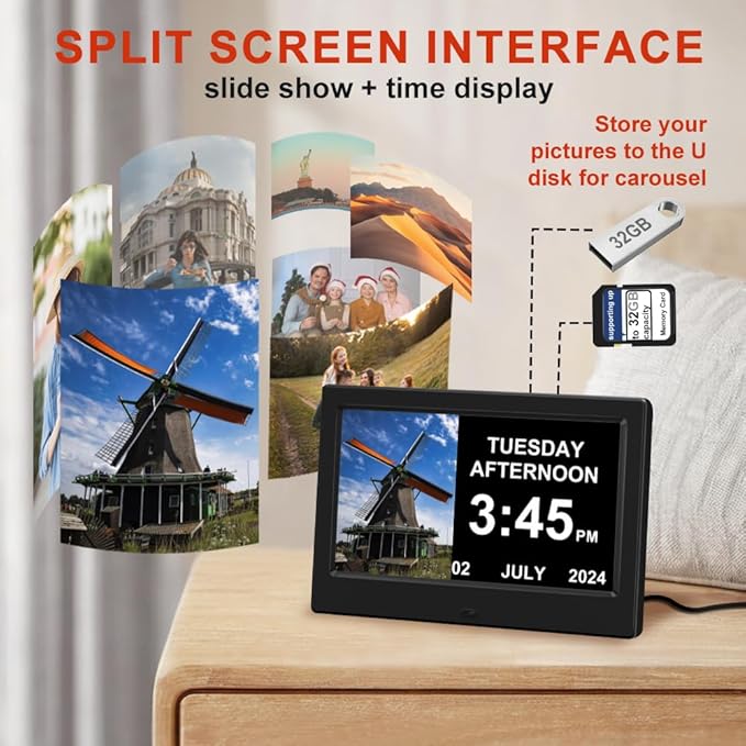 (No Power Adapter Alarm Clock with Day and Date for Elderly 7inch Digital Calendar Clock Photo Frame- Auto Dimmable Display 15 Alarm Options, Clock with Non-Abbreviated Day & Month