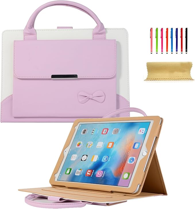 Dteck for iPad Air 13" M2/M3/M4, Pro 13" M4/M5, Pro 12.9" 3rd/4h/5th/6th Gen Smart Folio Case with Auto Sleep Wake, Stand, Handle, Pocket, Handbag Style PU Leather Protective Cute Bowknot Cover, Pink