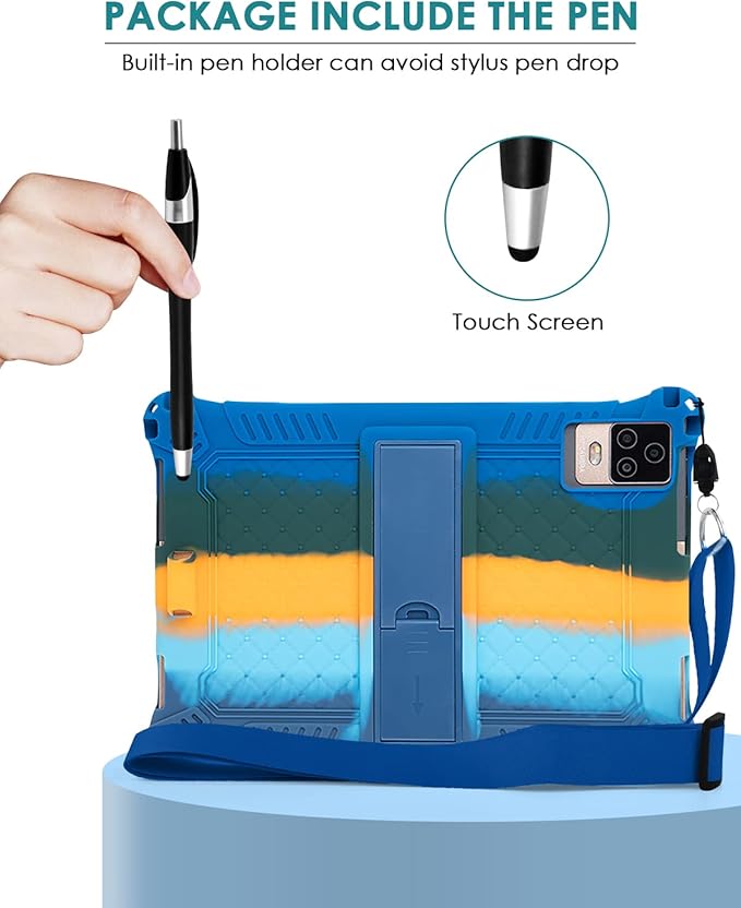 DETUOSI Silicone Case for Okaysea 10.1 inch Tablet with Stylus Pen & Shoulder Strap, Multi-Angle Stand Case, Soft Lightweight Cover for QunyiCO 10.1, Moderness MB1001 10.1, Dazzling Dark Blue