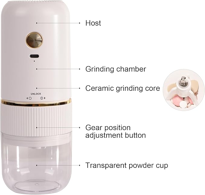 Electric Pill Crusher,Electric Pill Grinder,Easy Fine Powder Adjustable Coarse to Fine Grind, Portable Cordless Ceramic Grinder