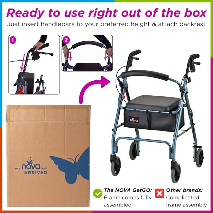 NOVA GetGo Petite Ultra Narrow Rollator Walkers for Seniors with Seat, Lightweight Walker for Elderly, Only 13 lbs, Narrow Frame, Folding Walker with Wheels and Seat, Extra Lightweight, Color Blue