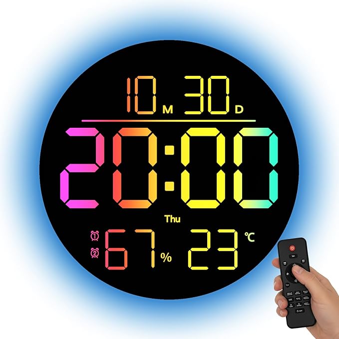 JENLYSTIME 10 Inch LED Digital Wall Clock with RGB Backlight and Countdown Timer｜11 Colors, Dual Alarm, Adjustable Brightness, Temperature & Humidity Display, Modern Silent Clock for Home, Office