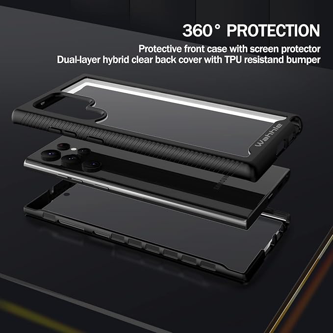 wahhle Compatible with Samsung Galaxy S22 Ultra Case, Built in Screen Protector Full Body Shockproof Slim Fit Bumper Protective Phone Cover for Samsung S22 Ultra 5G-Black/Clear