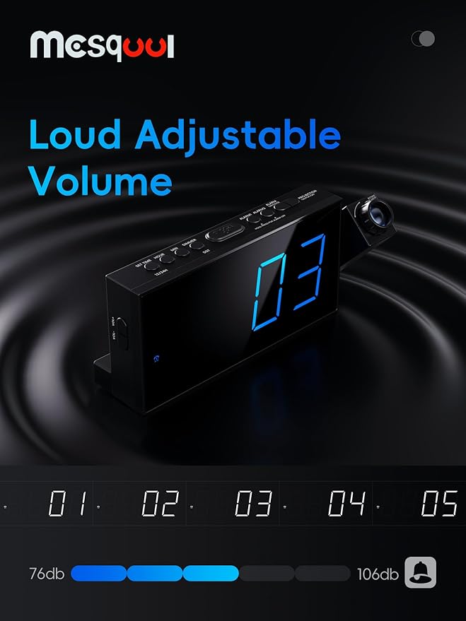 Digital Projection Alarm Clocks for Bedrooms - Large LED Display, 180° Rotatable Projector, 5-Level Dimmer,USB Charger,Battery Backup,Loud Dual Alarms for Kids Elderly,Heavy Sleepers,Snooze,12/24H,DST