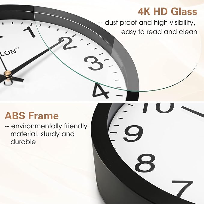 WISKALON 10 inch Silent Non-Ticking Elegant Black Frame Wall Clock,Classic Digital Wall Clocks with Glass,Battery Operated Easy to Read Decorative for Home Office School Kitchen White