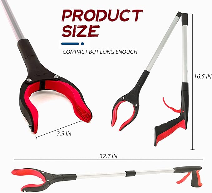 2 Pack Grabber Reacher Tool, 32" Reaching Assist Tool, Foldable Claw Pick Up Stick, Trash Litter Picker, Hand Grabbers, Long Arm Extender (Red)