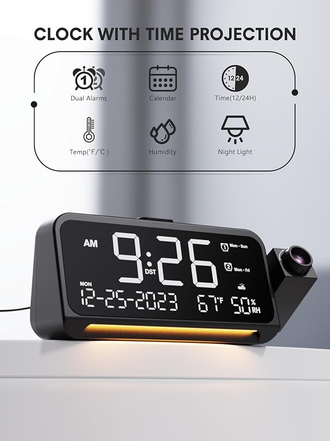 Mesqool Projection Alarm Clock for Bedroom, Digital Clock with Projection on Ceiling with Night Light, Date, Temperature, Humidity, Type-C USB Charger, Snooze, Dual Alarms, Dimmer,12/24H