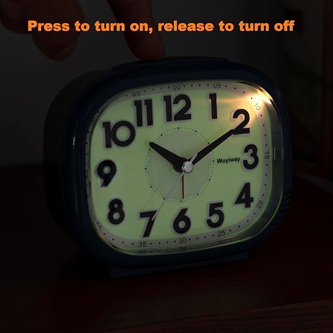 Vintage Retro Analog Alarm Clock, Battery Operated, Silent No Ticking, Glow in Dark Dial, Lighted on Demand and Snooze, Blue, 4.7" x 3.9" x 2.7"