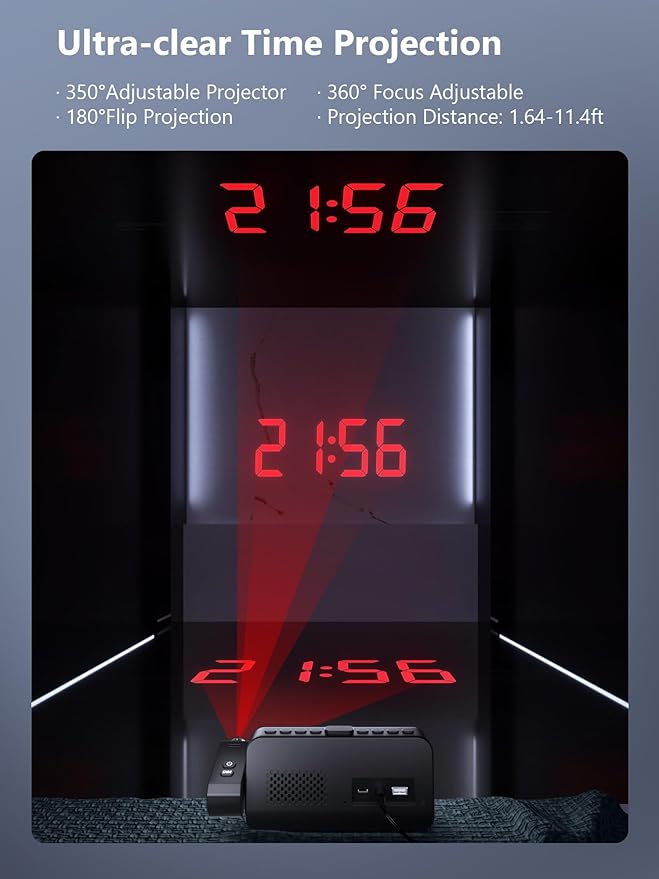 Projection Alarm Clock,Digital Clock with 350° Rotatable Projector,Weekday/Weekend Mode,5-Level Dimmer,Adjustable Volume,Temp & Humidity Monitor,Calendar,Snooze,12/24H,DST,Battery Backup, for Bedroom