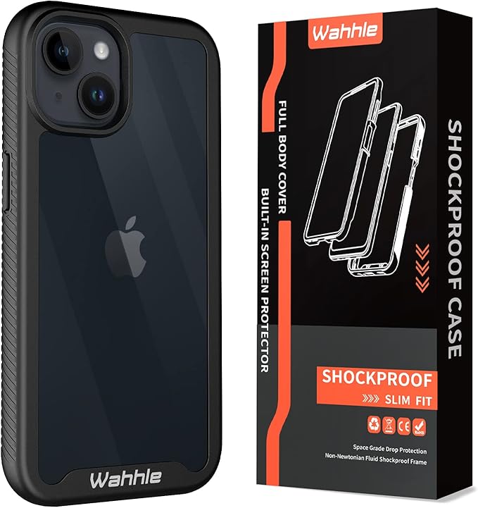 wahhle Compatible with iPhone 13 Case, iPhone 14 Case, Full Body Shockproof Protection Built-in Touch Sensitive Anti-Scratch Screen Protector Soft Edge Slim Cover for 14/13 6.1 Inch, Black/Clear
