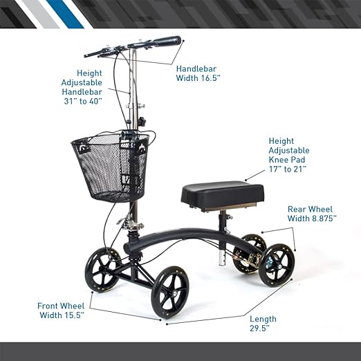 BodyMed Premium Knee Walker, Steerable for Foot Injuries - Adjustable Scooter with Dual Brakes & Metal Basket - Better Alternative to Crutches for Leg Recovery