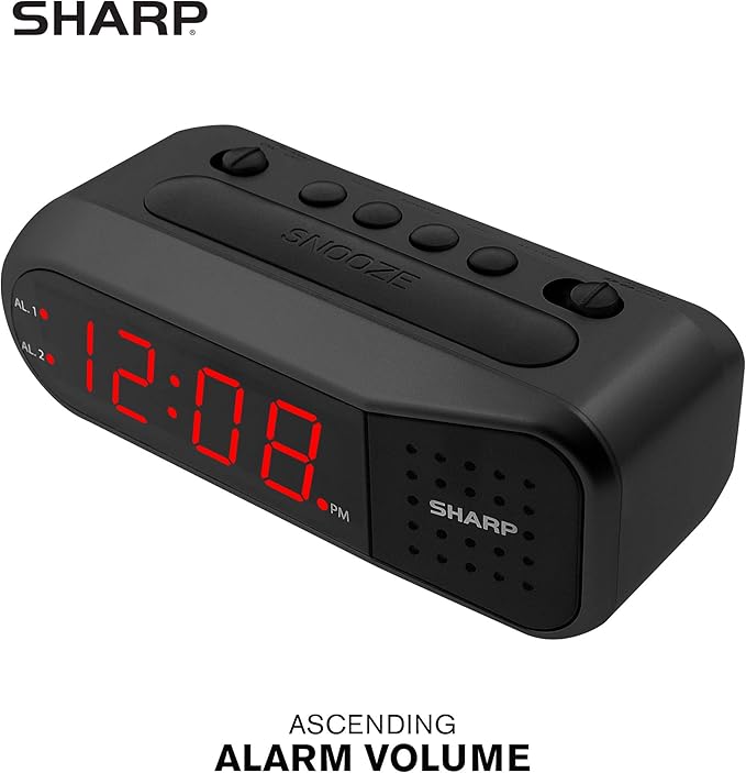 Sharp Easy-Set Digital Alarm Clock for Bedroom – Large Red LED Display, Ascending Loud Alarm for Heavy Sleepers, Dual Alarm Weekday/Weekend, Simple Operation, Snooze, Battery Backup