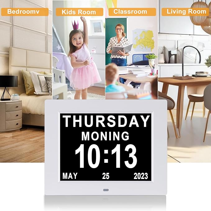 Johnziny 8 Inch Digital Clock Large Display Dementia Clocks with Day and Date for Seniors,8 Alarms Options Digital Clock,Digital Calendar with Large Number and Custom Alarms White