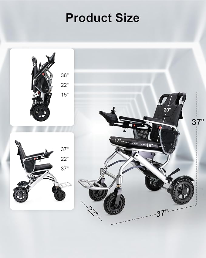 33lb Ultra Lightweight Electric Wheelchairs for Adults - 15 Mile Range & 360W Dual Motor, 330lb Capacity, 2s Instant Foldable Motorized Wheelchair with Removable Battery, Airplane Approved(Grey)